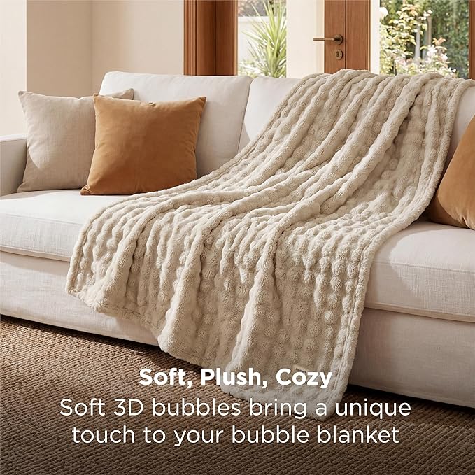 Bedsure 3D Fleece Bubble Blanket for Couch - GentleSoft Beige Throw Blanket for Sofa Bed Room Decor - Luxury Soft Cozy Gifts for Kids, Lightweight, All Seasons, Beige, 50"×60"