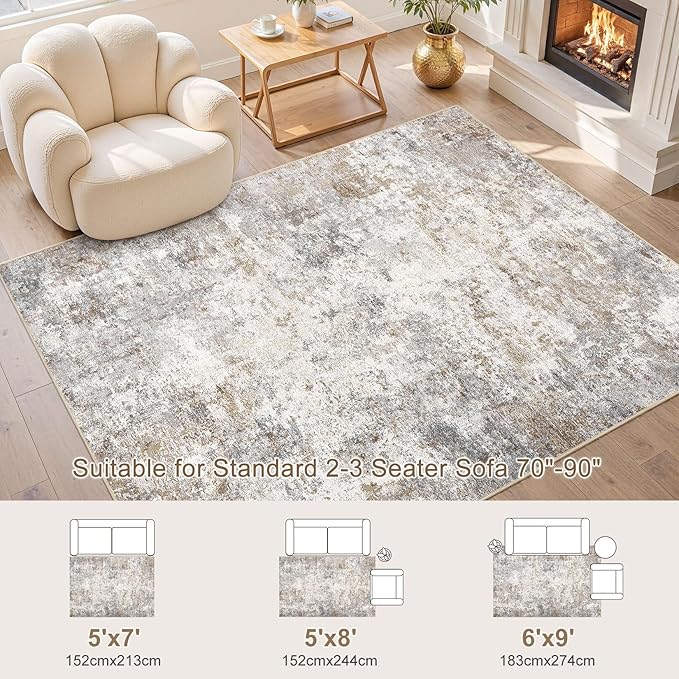 UERMEI 5x8 Area Rug Living Room Rugs - Washable Neutral Modern Abstract Soft Thin Large Rug Indoor Floor No Slip Rug Carpet for Bedroom Under Dining Table Home Office Decor - Brown Grey