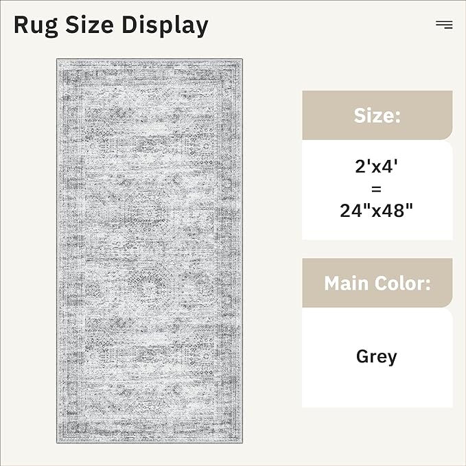 2x4 Washable Rugs for Kitchen, Floor, Entryway, Powder Room Small Area Rug Non-Slip Vintage Low Pile Throw Door Mat Grey