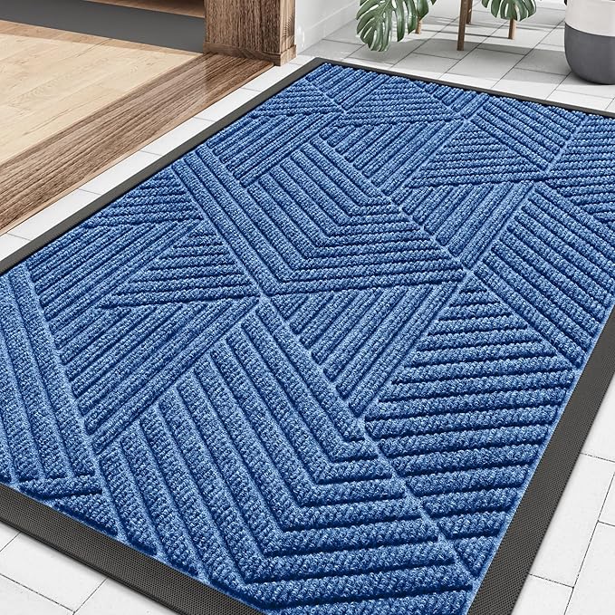 Smiry Front Door Mat Outside Entrance, Heavy Duty Sturdy Natural Rubber Doormat, Trap Dirt and Moisture, Easy Clean Low Profile Mats for Indoor Outdoor Entry, Irregular Triangle (29.5x17, Blue)