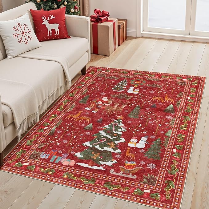 UERMEI Christmas Area Rug Living Room Rugs: 4x6 Neutral Modern Washable Festive Soft Thin Non-Slip Indoor Carpet for Bedroom Dining Table and Home Office Holiday Decor - Red