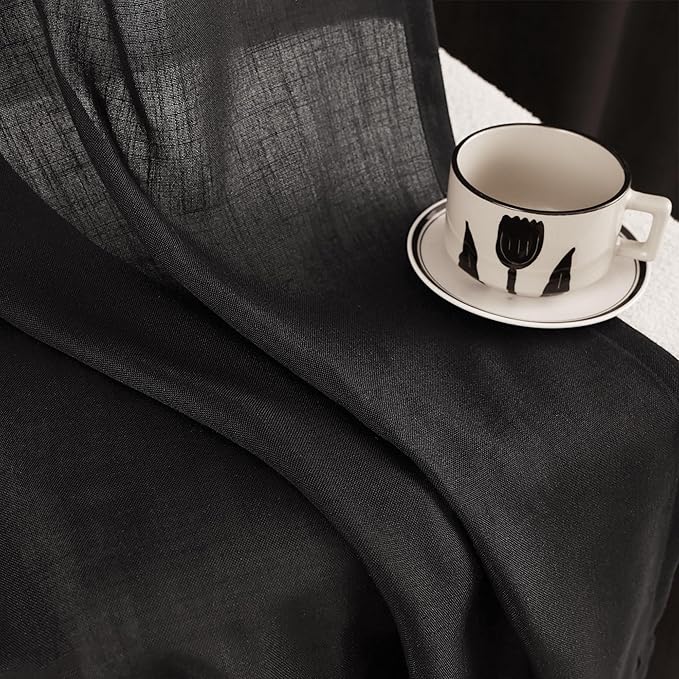Black Linen Curtains 63 inches Long for Bedroom Back Tab Light Filtering Privacy Semi Sheer Black Curtains Living Room Boho Rustic Farmhouse Cotton Textured Gauze Curtain 2 Panel Set