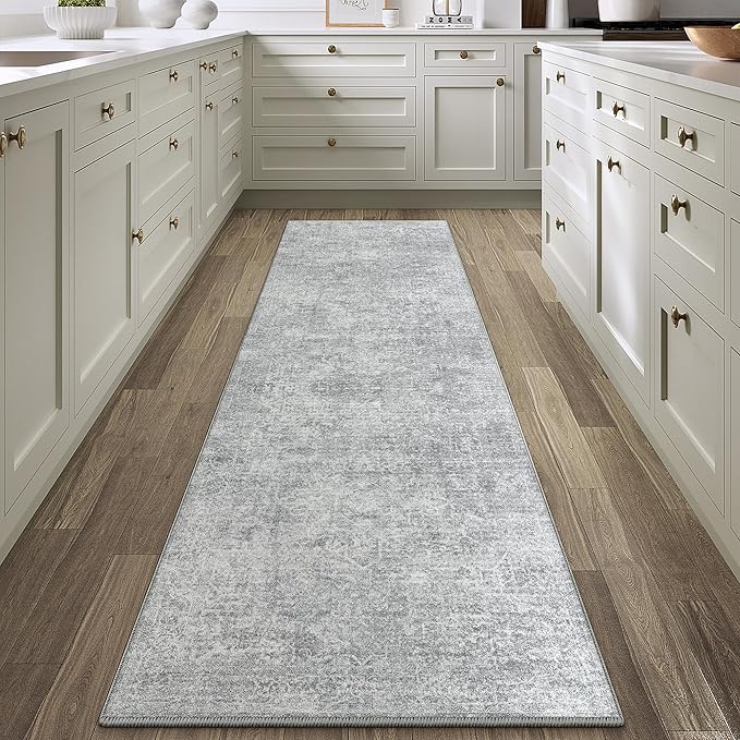 PureCozy 2x8 Runner Rug Washable Vintage Indoor Hallway Carpet Non Slip Grey Bedroom Low Pile Kitchen Distressed Long Retro Accent Throw Rug for Bathroom Dining Laundry Living Room