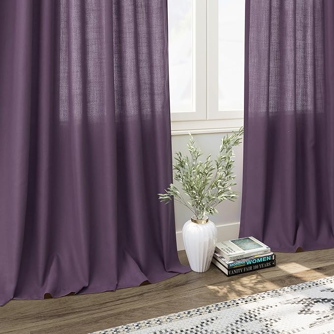 Plum Linen Curtains for Living Room 63 Inches Long 2 Panel Set Light Filtering Linen Drapes for Kitchen Windows Rod Pocket Back Tab Short See Through Curtain Country Farmhouse Decor 52x63