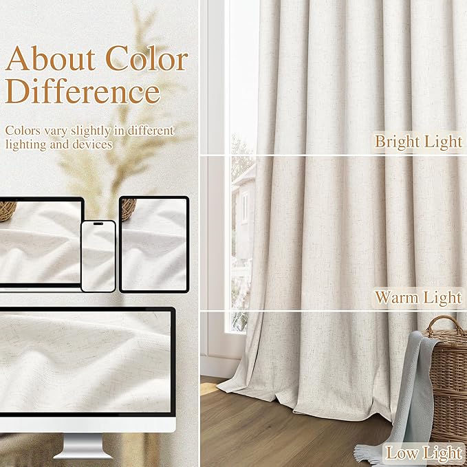 Beige White 100% Blackout Linen Curtains 108 Inch Length 2 Panels Set for Living Room Bedroom Back Tab Thermal Insulated Black Out Drapes Room Darkening Farmhouse Style for Bedroom Window Curtains