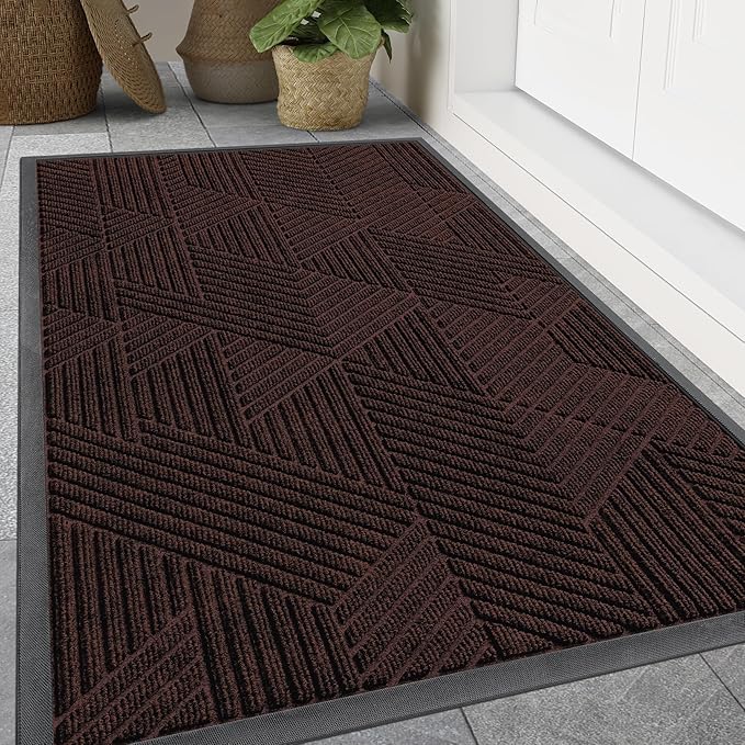 Smiry Front Door Mat Outside Entrance, Heavy Duty Sturdy Natural Rubber Doormat, Trap Dirt and Moisture, Easy Clean Low Profile Mats for Indoor Outdoor Entry, Irregular Triangle (47x32, Deep Brown)