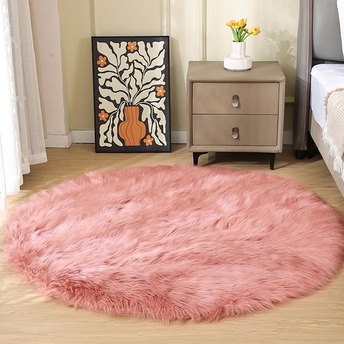 ORINOVA Pink Washable Fluffy Round Rugs for Bedroom Girls Shag Faux Sheepskin Fuzzy Fur Rugs for Living Room Circle Area Rug for Kids Round Rug 5ft