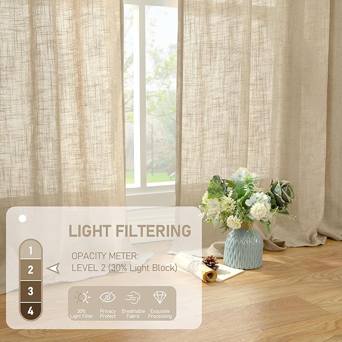 LAMIT Natural Linen Curtains 108 Inch for Living Room, Back Tab and Rod Pocket Textured Sheer Light Filtering for Boho Farmhouse, 2 Panels, 52 x 108 Inch, Brown