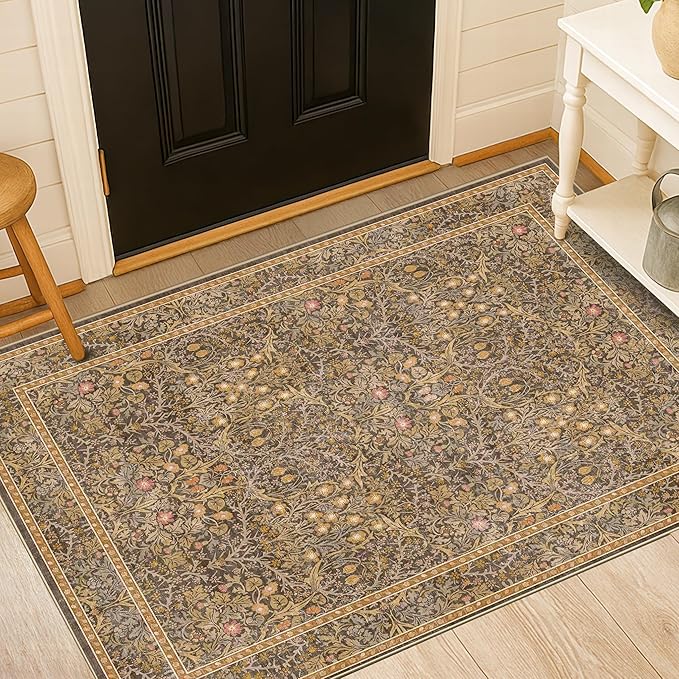 Vintage Floral Brown 3x5 Area Rugs for Entryway, Kitchen, Bathroom, Bedroom Beside Rug, Laundry Room, Non-Slip Low Pile Ultra Soft Stain Resistant Small Gold and Taupe Carpet