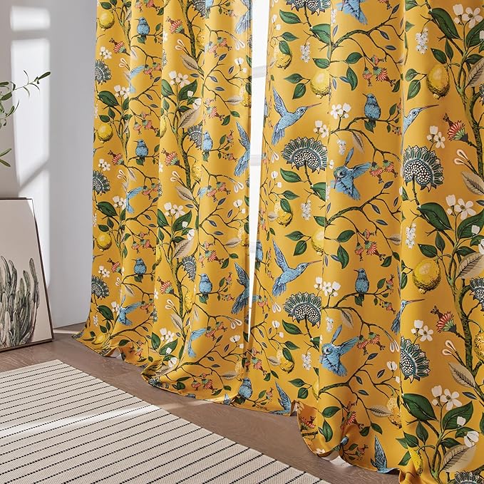 Topfinel 90 Inches Long Curtains & Drapes 2 Panels, Unique Nature Luxury Elegant Colorful Dark Floral Hummingbird Patterned Rustic Mustard Yellow Grommet Drapes for Classroom Room Office Closet 52x90