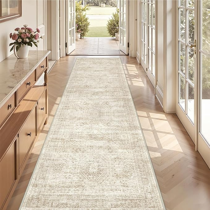 3x12 Runner Rug for Hallway, Non-Slip Long Bathroom Rugs Runner for Kitchen, Bedroom, Soft Vintage Abstract Washable Rug for Entryway, Thin Floor Mat for Dining Room(3'x12', Beige/Ivory)