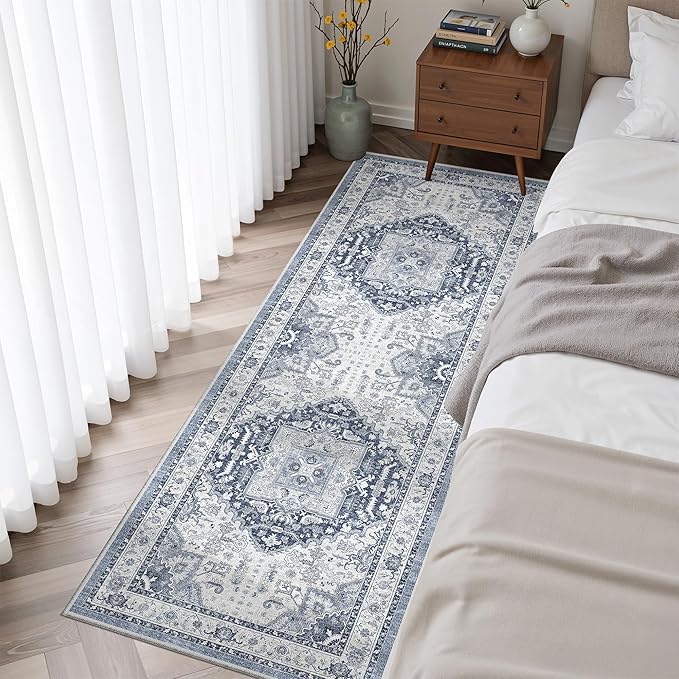 Madane Washable Runner Rug 2x6, Ultra-Thin Non-Slip Non-Shedding Hallway Runner, Stain Resistant Kitchen Mat Entryway Carpet Runner, Vintage Pet Friendly Low Pile Runners (2x6ft, Navy/White)