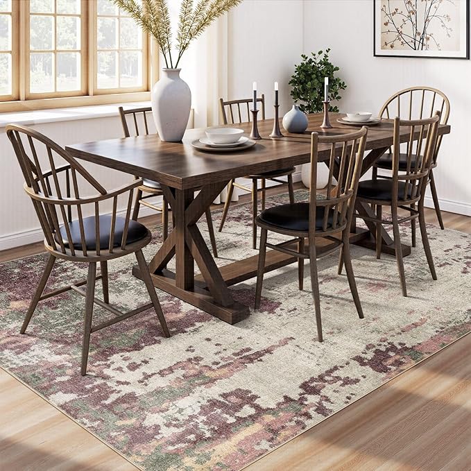 UERMEI 8x10 Area Rug Living Room Rugs - Washable Neutral Modern Abstract Soft Thin Rug Indoor Floor No Slip Rug Carpet for Bedroom Under Dining Table Home Office Decor - Purple/Green/Beige