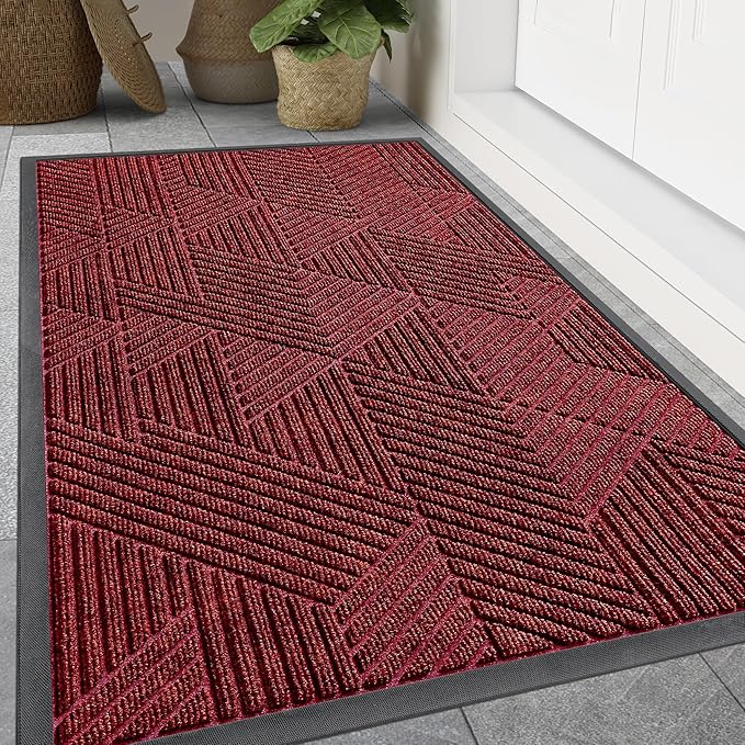 Smiry Front Door Mat Outside Entrance, Heavy Duty Sturdy Natural Rubber Doormat, Trap Dirt and Moisture, Easy Clean Low Profile Mats for Indoor Outdoor Entry, Irregular Triangle (47x32, Deep Red)