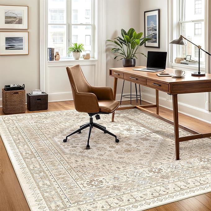 Area Rugs 5x7, Ultra-Thin Washable Rugs for Living Room, Anti-Slip Backing Area Rug for Bedroom, Soft Floral Vintage Home Decor Rug for Dining Room(Cream/Beige,5'x7')