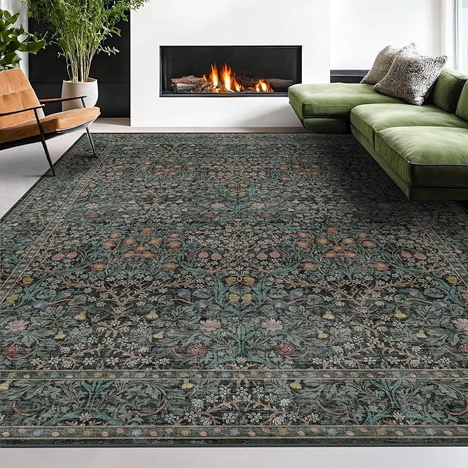 8x12 Area Rug for Living Room - Large Washable Rugs for Bedroom, Dining Room Under Table, Ultra Soft Low Pile Non-Slip Stain Resistant Carpet - Dark Green Vintage Floral Décor