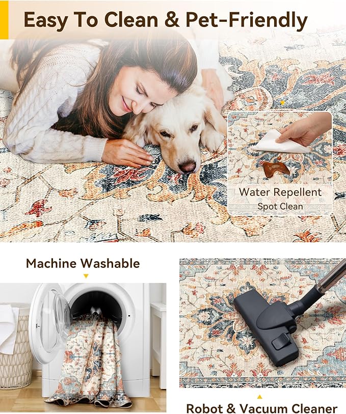 Area Rugs 2'6''x12' Runner Rug Non Slip Washable for Kitchen Hallway Bedroom Beside Laundry Room Bathroom Rug, Floor Carpet, Beige Navy Blue Orange Colorful