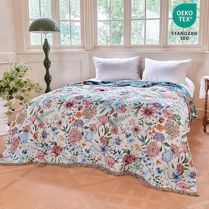 MSGKV Boho Throw Blanket 50"x60" Couch Floral 100% Cotton Blanket Spring Breathable Lightweight Farmhouse Blankets for Sofa Home Decor Muslin Guaze All Seasons