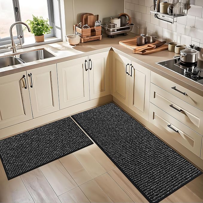 BEQHAUSE Kitchen Rugs 24"x36", Non-Slip Kitchen Mats for Floor, Super Absorbent and Stain Resistant Kitchen Rugs, Machine Washable Rugs for Kitchen, Hallway, Laundry & Sink, Black