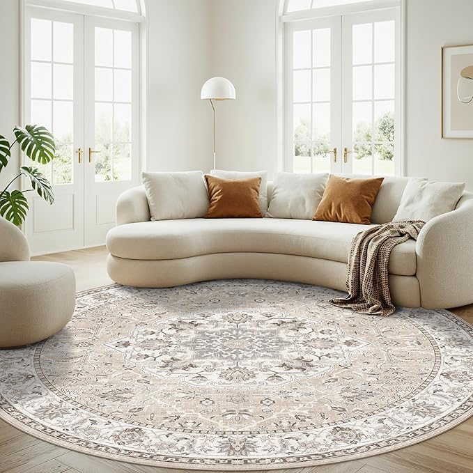 7x7 Living Room Area Rug: Washable Oriental Printed Soft Round Rug for Bedroom Besides Non-Slip Low-Pile Carpet for High-Traffic Area Indoor Stain Resistant Distressed Home Decor Mat(7Round,Beige)