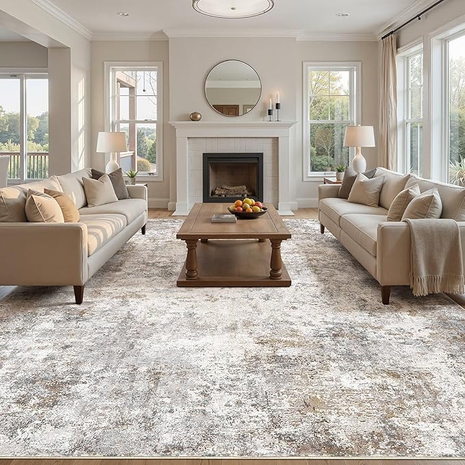 UERMEI 12x18 Area Rug Living Room Rugs - Washable Neutral Modern Abstract Soft Thin Rug Indoor Floor No Slip Rug Carpet for Bedroom Under Dining Table Home Office Decor - Blue/Light Brown