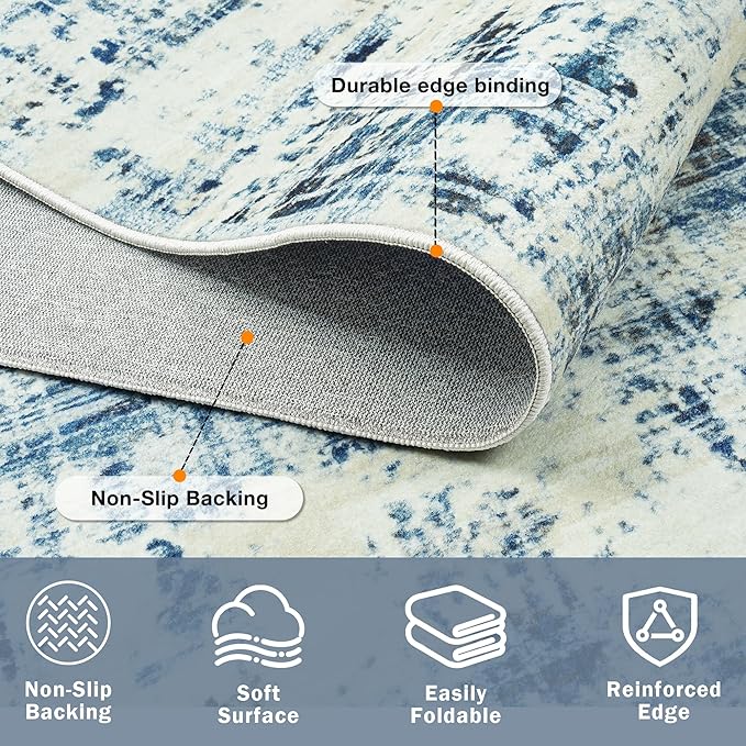 10x14 Area Rugs for Living Room Washable Rug: Anti-Skid Abstract Modern Living Room Rug Soft Thin Carpets Indoor Floor Non-Shedding Carpet for Bedroom Dining Farmhouse Nursery Blue Gray Gold
