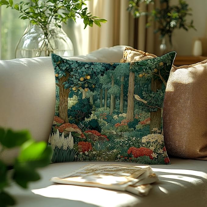 Rustic Forest Green Pillow Covers 18x18 Double-Sided, Cottagecore Summer Lemon Forest Botanical Nature William Morris Inspired Decorative Throw Pillow Covers for Sofa Bed Bedroom Living Room