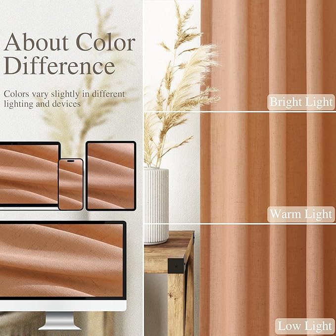 Nanspring Peach Quartz Linen Curtains 108 Inch Length 2 Panel Set Back Tab Loop Pocket Light Filtering Semi Sheer Boho Style Extra Long Drapes for High Ceiling Living Room 52x108