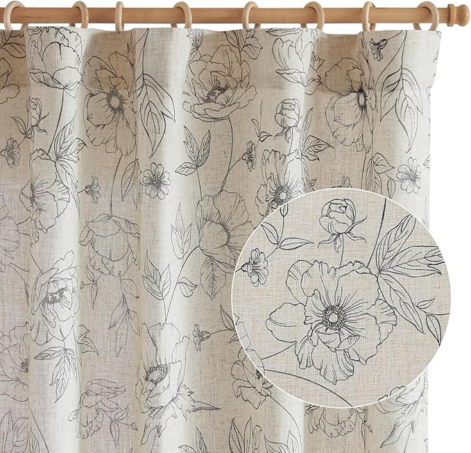 jinchan Floral Linen Curtains for Living Room 63 Inch Length Grey Flower Curtain Rod Pocket Back Tab Farmhouse Curtains with Printed Floral Bedroom Window Curtain Set, 2 Panels Gray
