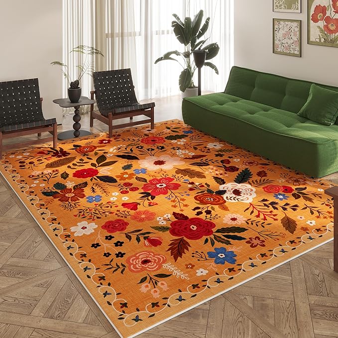 Rugcomf Living Room Rug 6x9 Rug Machine Washable Boho Area Rug Non Slip Floral Vintage Low Pile Large Rug for Living Room, Bedroom, Farmhouse, Dining Room, Kids Playroom(Yellow)