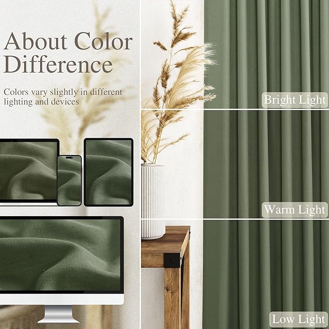 Nanspring Forest Green Linen Curtains for Living Room 120 Inches Long Light Filtering Semi Sheer Curtain Back Tab Wabi Sabi Boho Decor Floor to Ceiling High Window for Bedroom Office 52x120, 2 Panels