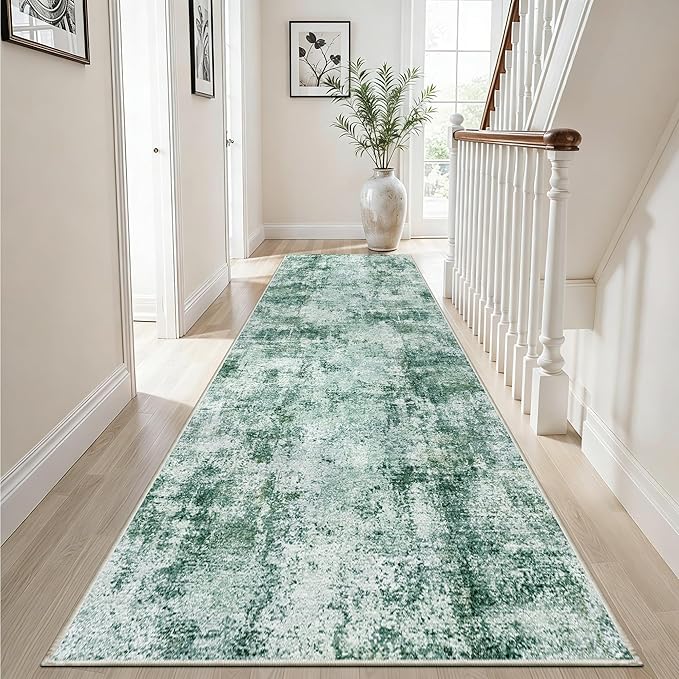 3x12 Washable Hallway Runner Rug: Non Slip Carpet Runners Easy-to-Clean - Soft Living Room Bedroom Kitchen Rugs - Thin Low Pile Printed Floor Mat for Dining Room Neutral Green