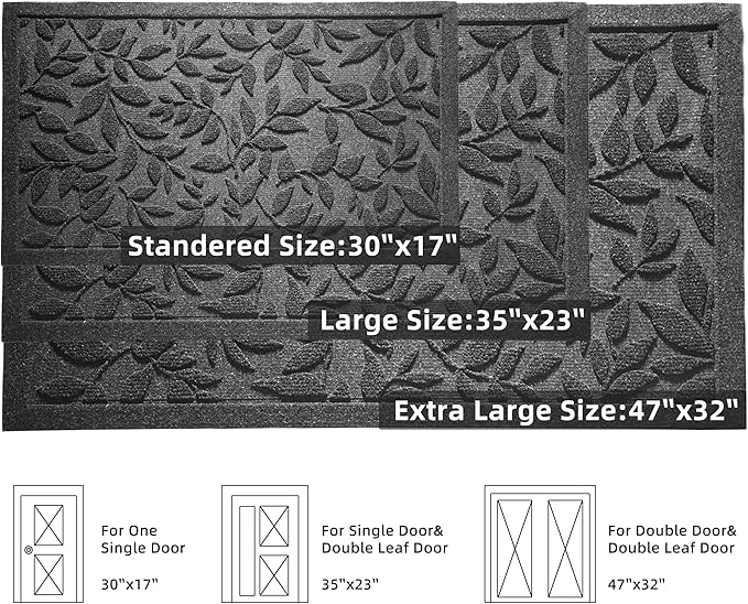 Grey Leaves Outdoor Indoor Entrance Door mat, Absorbent Durable Heavy Duty Welcome Front Door Mat,Thick Natural Rubber Back,Easy Clean Entryway Mat 47x32 Inch, Low Profile