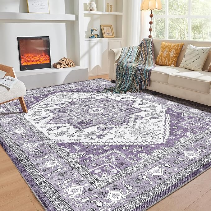 OPPODREAM Soft 8x10 Area Rugs, Washable Rugs 8x10 with Non Slip Backing, Faux Cashmere Low-Pile 8 x 10 Carpet, Purple