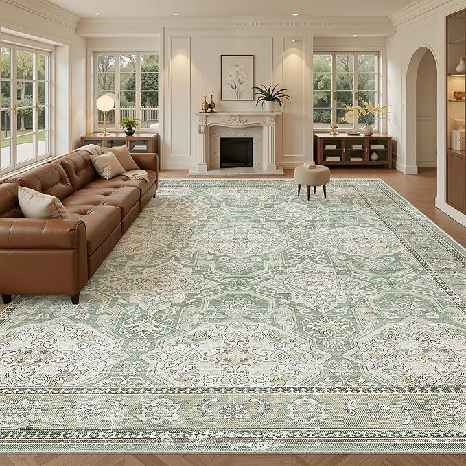 10x14 Area Rugs for Living Room, Non Slip Machine Washable Vintage Rugs, Low Pile Lightweight Large Rug for Bedroom, Dining Room, Home Office Green/Brown