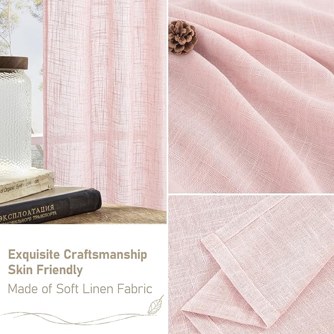 LAMIT Linen Curtains for Living Room 84 inch Length 2 Panels, Light Filtering Semi Sheer Drapes Back Tab and Rod Pocket Farmhouse Panels for Kids Bedroom/Girls Room, Pink, 52 x 84 Inch