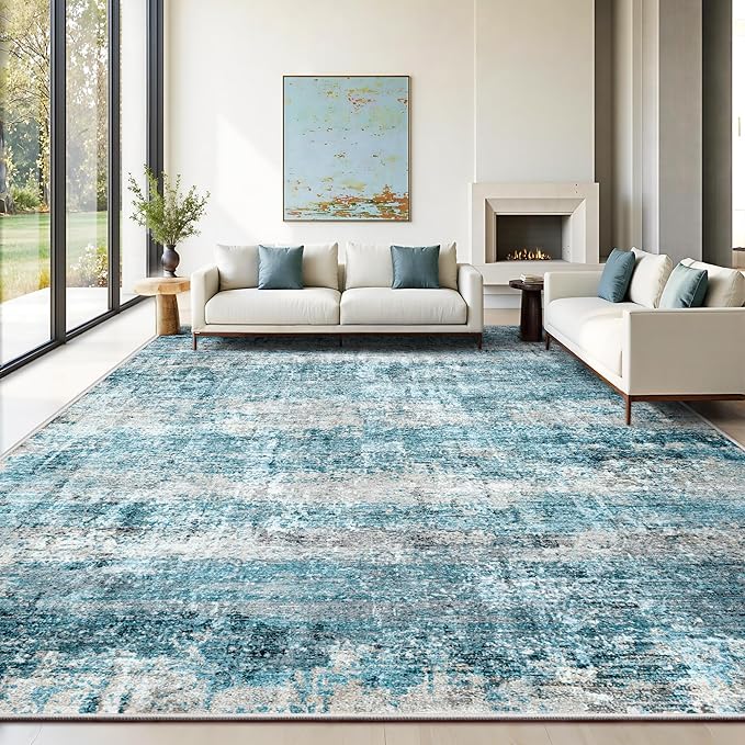 LEPEII 8x10 Area Rugs, Machine Washable Low Pile Rugs for Living Room, Modern Abstract Area Rugs for Bedroom, Large Area Rug with Non-Slip Backing for Dining Room-Blue