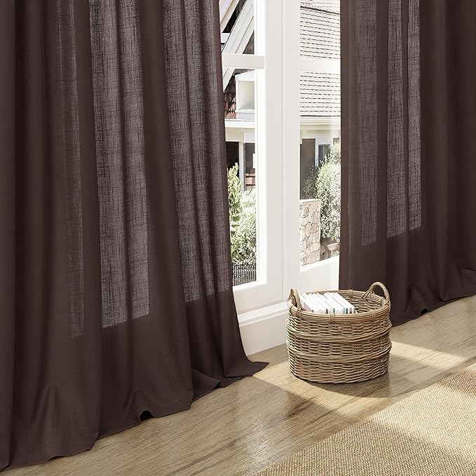 Nanspring Coffee Linen Boho Curtains for Bedroom Back Tab Rod Pocket Semi Sheer Linen Curtains 90 Inches Long 2 Panel Set Light Filtering Neutral Farmhouse Lightweight Drapes for Living Room 52x90