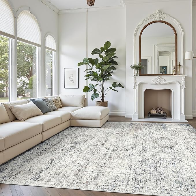 Washable Area Rug 8x10, Large Soft Rugs for Living Room Vintage 8x10 Area Rugs for Bedroom Dining Room Non-Slip Stain Resistant Under Table Blue Ivory Rug