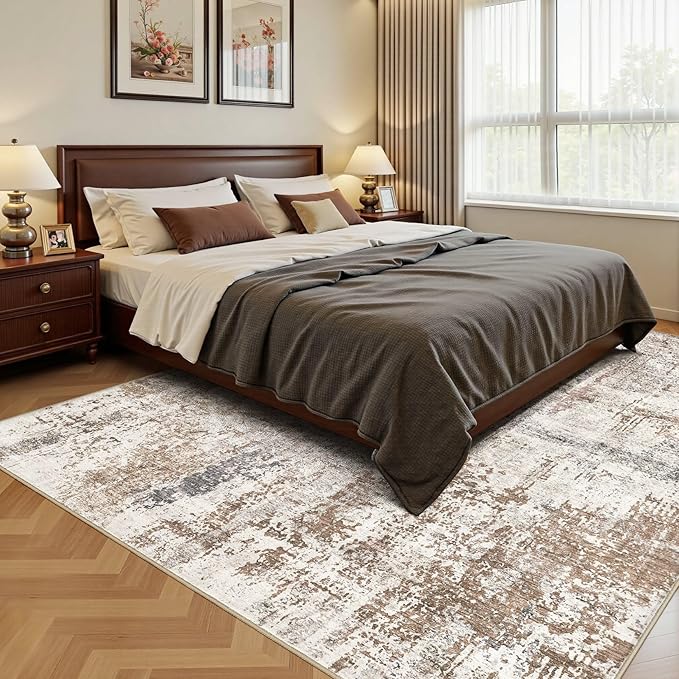 UERMEI Area Rug Living Room Rugs - Washable Neutral Modern Abstract Soft Thin Rug Indoor Floor No Slip Rug Carpet for Bedroom Under Dining Table Home Office Decor - Brown/Grey/Red - 10x14