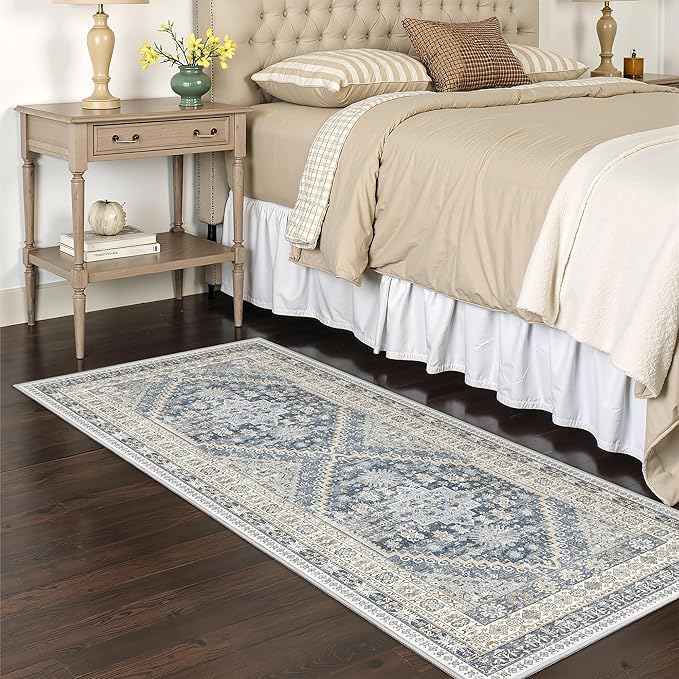 2x5 Rug Runner Washable for Entryway, Soft Bathroom Rugs with Non-Slip Backing,Vintage Low Pile Stair Runner, Small Kitchen Carpet for Hallways, Laundry Room(Blue/Beige,2'x5')