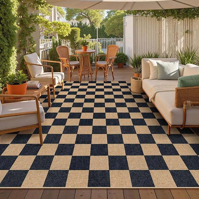 Lahome Colette Checkered Easy Jute 8x10 Rug, Washable Rugs for Living Room Office, Farmhouse Neutral Non Slip Non Shedding Stain Resistance Indoor Outdoor Carpet for Balcony Patio Classroom