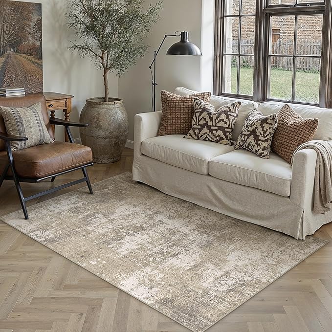 PureCozy Beige Area Rug 3x5 Machine Washable Modern Abstract Office Carpet Neutral Non Slip Indoor Entry Low Pile Soft Non Shedding Small Mat Bedroom Throw Rug for Kitchen Laundry Dining Room