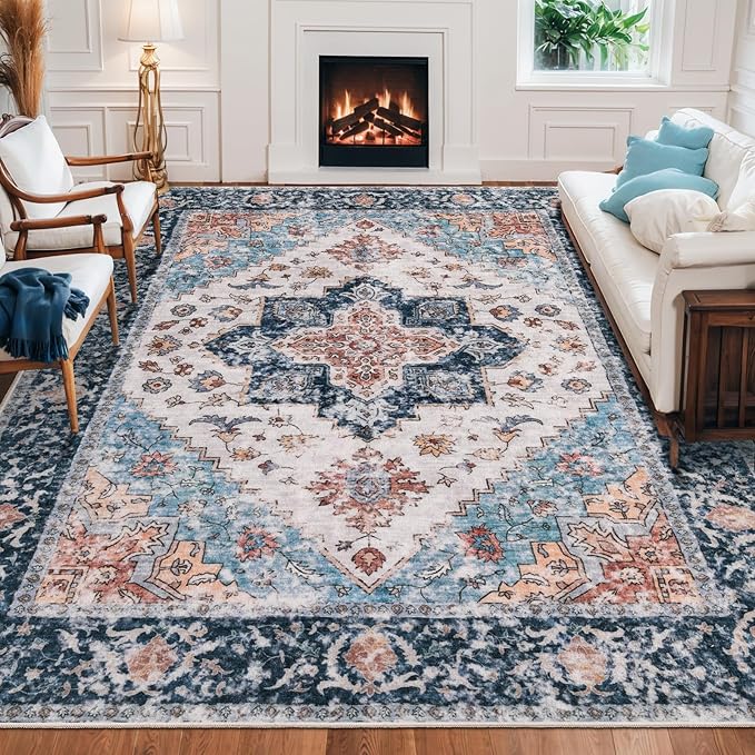 SERISSA Boho 8x10 Area Rugs, Washable Vintage Large Living Room Rug Non-Slip, Ultra Soft Oriental Print Distressed Tribal Farmhouse Blue Orange Carpet for Dining Room Bedroom Dorm Office Home Decor