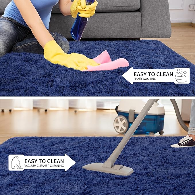 Tepook Fluffy Large Rugs for Living Room, Shag Area Rug 6x9 Soft Carpet for Bedroom, Modern Shaggy Rug for Kids Boys Girls, Plush Indoor Nursery Home Decor Rug with Non-Slip Bottom, Navy, 6 X 9 Feet