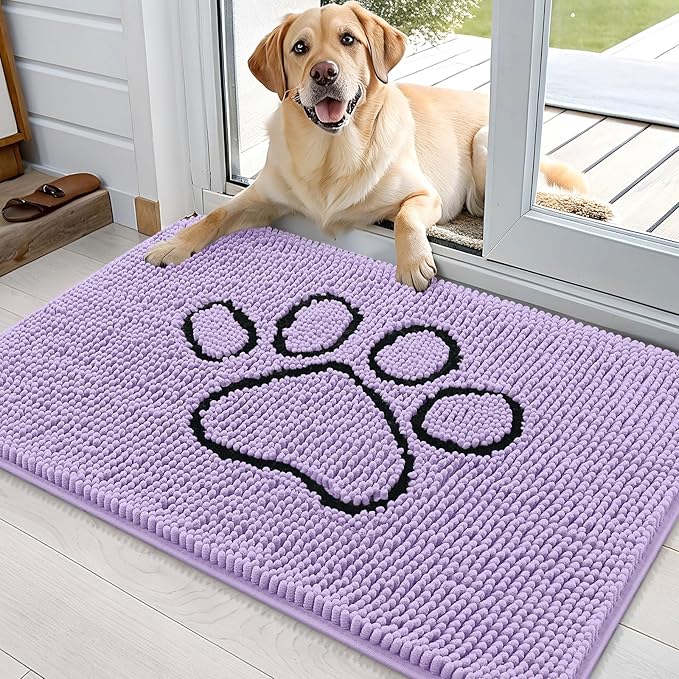 OLANLY Dog Door Mat for Muddy Paws 36x24, Paw Print Design, Absorbs Moisture and Dirt, Absorbent Non-Slip Washable Doormat, Quick Dry Chenille Mud Mat for Dogs, Entry Indoor Entryway Carpet, Lavender