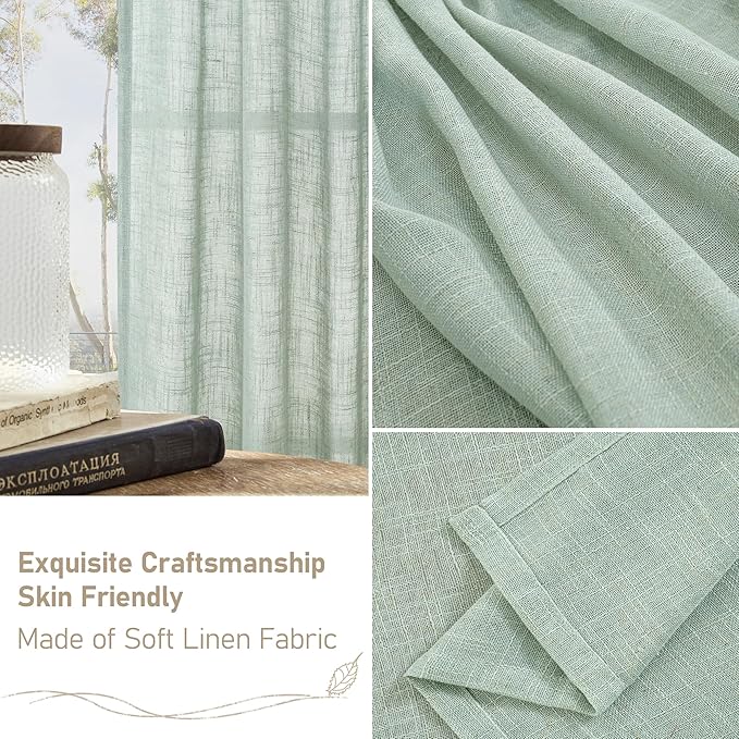 LAMIT 48 Inch Short Window Linen Curtains, Light Filtering Panels Back Tab and Rod Pocket Neutral Drapes for Cafe/Bathroom/Loft Room, Light Sage, 2 Panels, 34 x 48 Inch