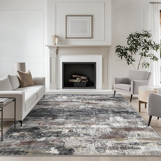 Area Rugs 10x12 for Living Room Bedroom, Modern Abstract Machine Washable Large Dark Gray Rug, Soft Low Pile Floor Carpet with Non Slip Backing for Dining Room
