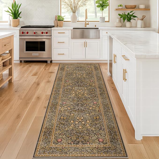 Hazo Haus Non Slip 2x5 Gold Brown Bathroom Runner Rug - Small Runner Rugs, Washable Kitchen Floor Mat, Bedroom, Laundry Room, Hallway Runner - Vintage Oriental Décor