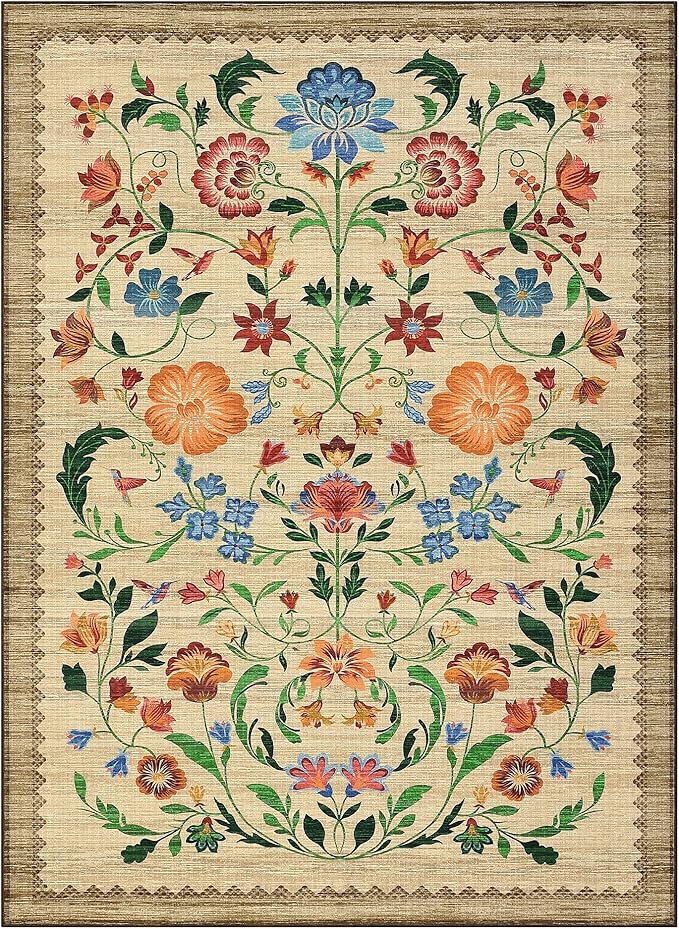 GarveeHome Washable Rug 8x10 Area Rugs for Living Room, Floral Rug for Bedroom, Soft Vintage Non Slip Throw Rugs with Rubber Back, Low Pile Stain Resistant Boho Floral Carpet for Dining Room, Beige
